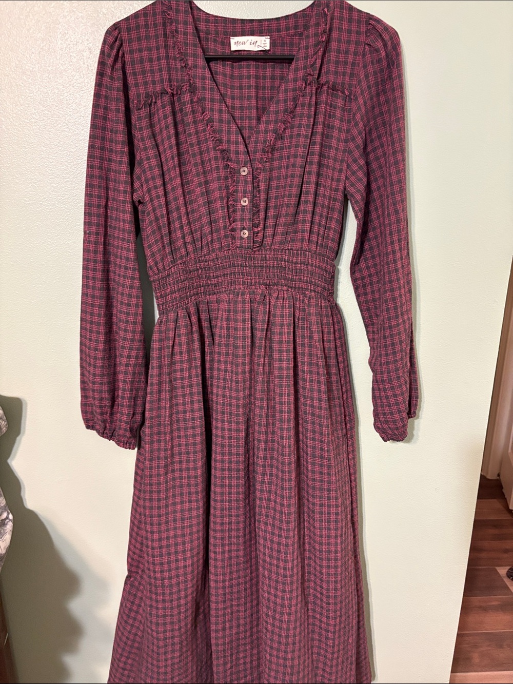 Smocked Waist Long-Sleeve Midi Dress in Dusty Rose Plaid